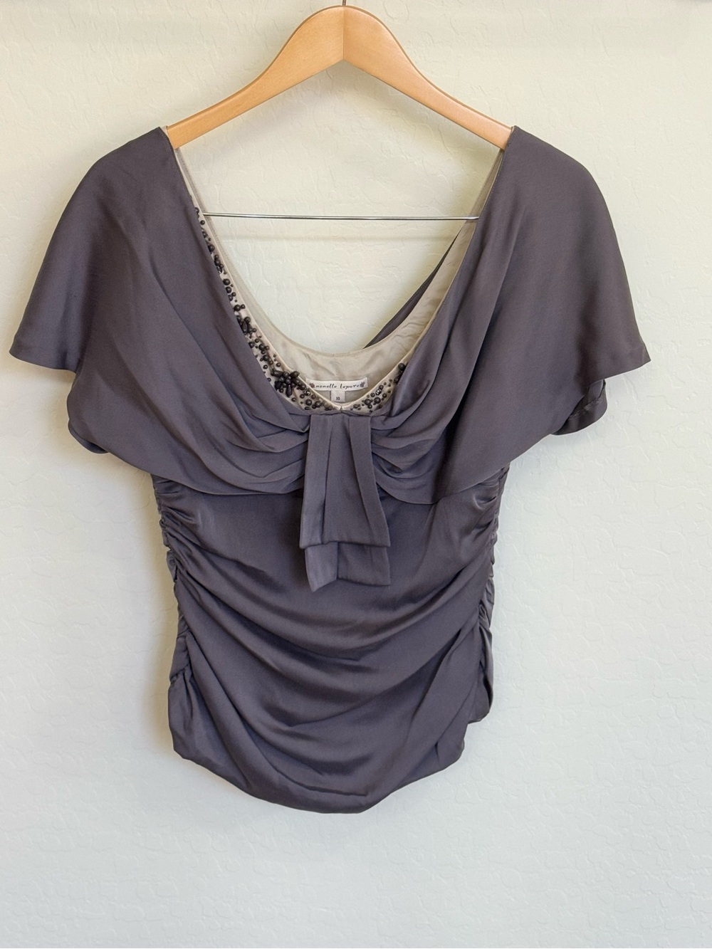 Nanette Lepore Silk Ruched Flutter Sleeve Embellished Blouse Top Slate Gray Y2K